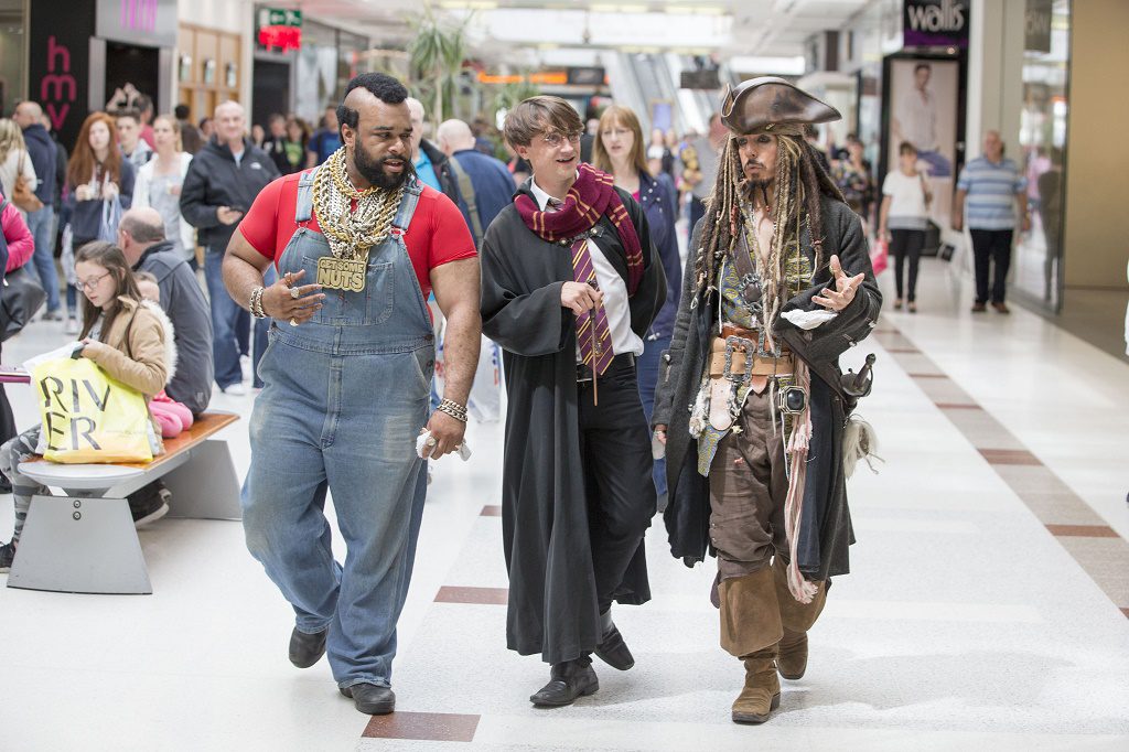 Summer activities. Chippendoubles arrive at Intu Breahead surprise shoppers. Mr T, Harry Potter and Jack Sparrow