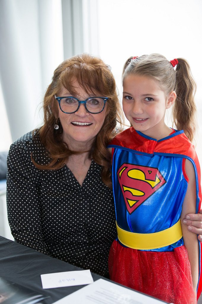 Film and Comic Con at Braehead Braehead Arena. On over Sat and Sunday 20th and 21st Aug. Pictured  Eli Holt (8) from Johnstone dressed as Super Girl meeting Superman's girl friend Lois Lane , actress Margot Kidder. Photograph by Martin Shields  Tel 07572 457000 www.martinshields.com © Martin Shields