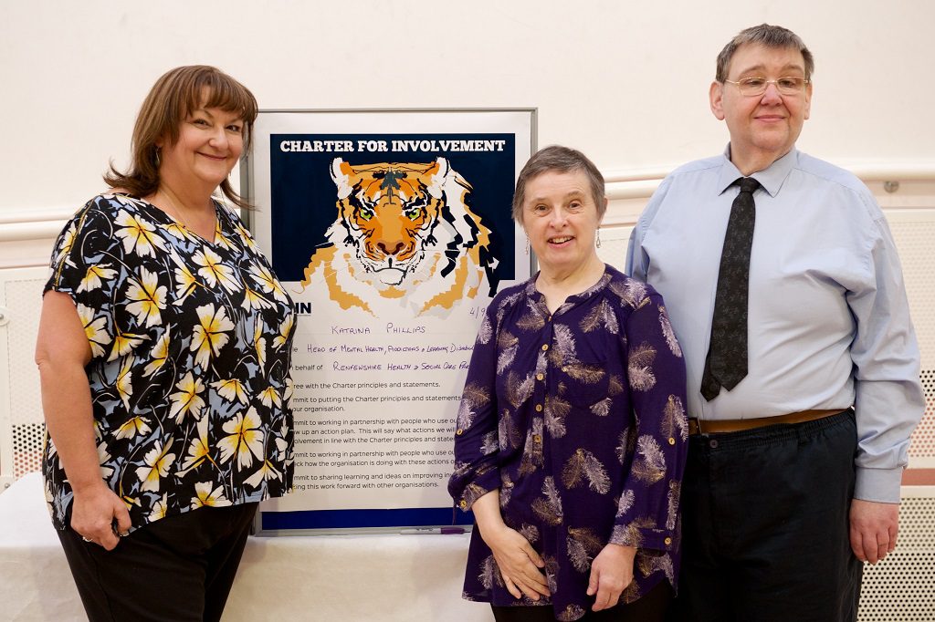 Katrina Philips, Renfrewshire Health & Social Care Partnership’s Head of Mental Health, Addictions & Learning Disability Services (centre) with National Involvement Network (NIN) Vice Chairperson Brian Robertson, from Paisley and NIN member Anne McCready, from Renfrew