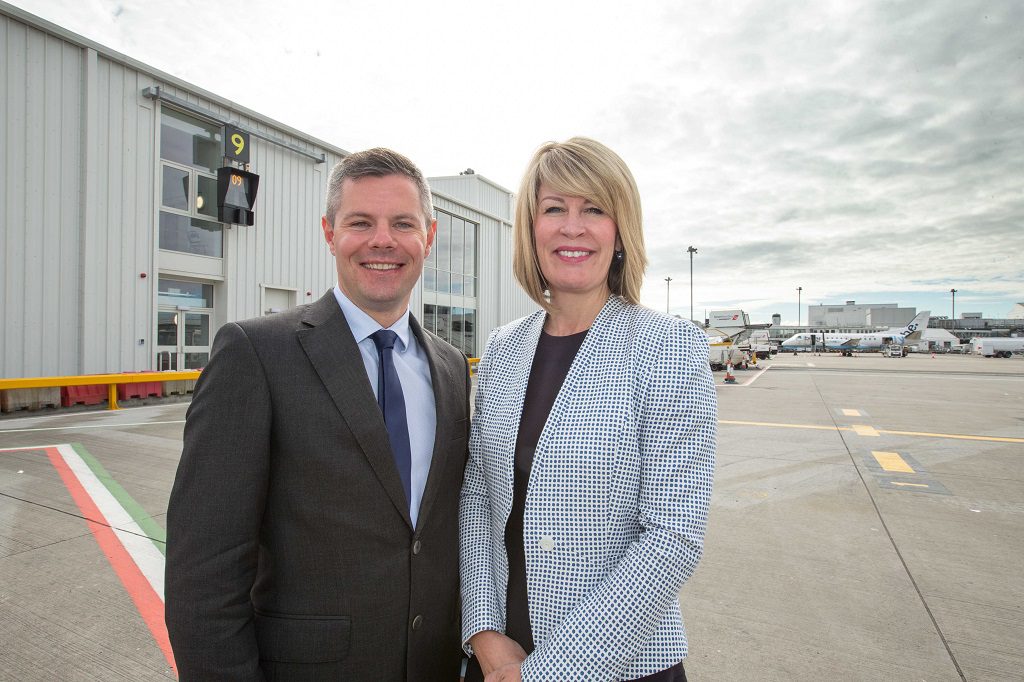 Derek Mackay MSP at Glasgow Airport with the Airport’s Managing Director, Amanda McMillan Pic Peter Devlin