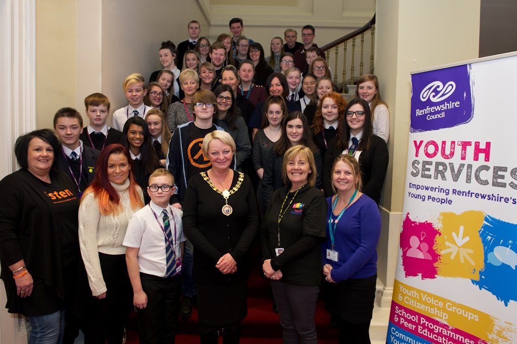 Renfrewshire Provost Anne Hall with young people and supporters at the first Renfrewshire Youth Assembly