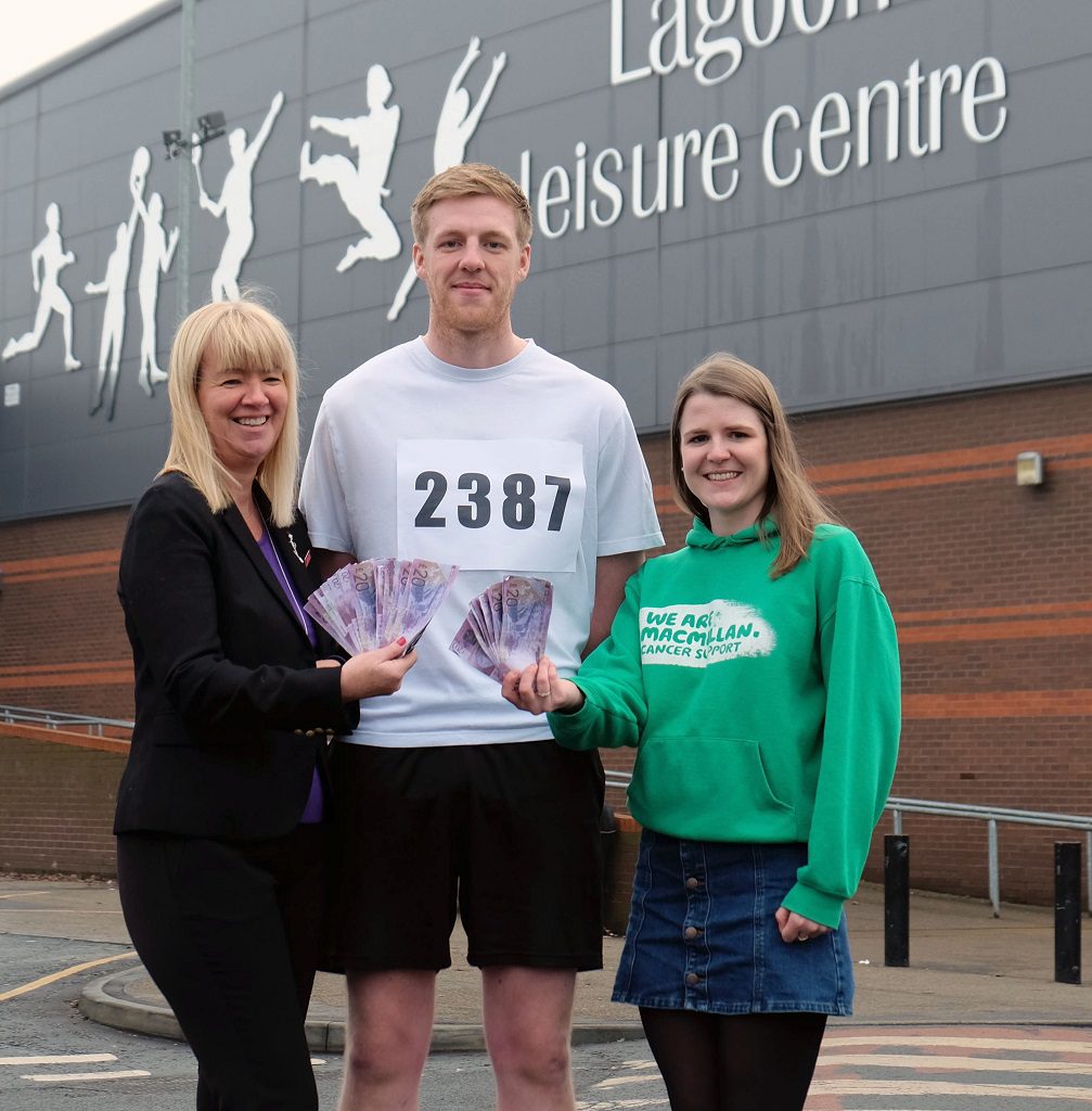 Count on us to raise charity cash – from left, Joyce McKellar, chief executive of Renfrewshire Leisure; Ritchie Hocking and Macmillan Cancer Support fundraising manager for Renfrewshire, Laura Stockwell