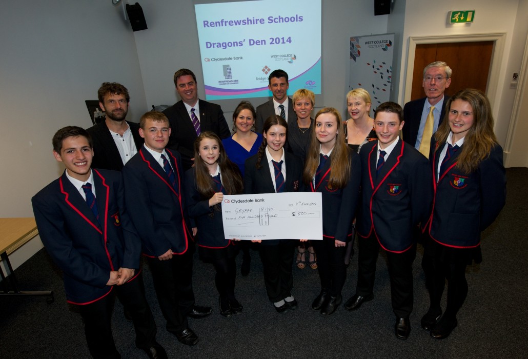 Winners Gryffe High with their cheque from the Dragons