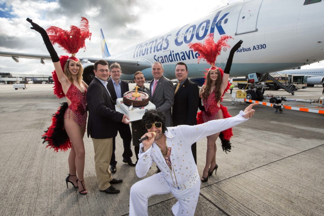 GLASVEGAS GLITZ AS THOMAS COOK AIRLINES INAUGURAL WEEKLY FLIGHT TO LAS VEGAS DEPARTS FROM GLASGOW AIRPORT