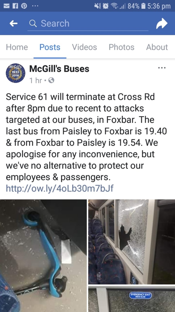Foxbar 61 Bus to terminate at Cross Road due to vandalism