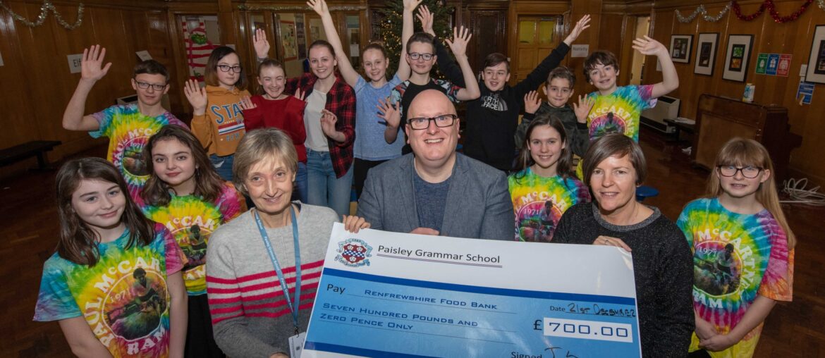 Paisley Grammar kids present the cheque to Elizabeth Alexander from Renfrewshire Foodbank (2)