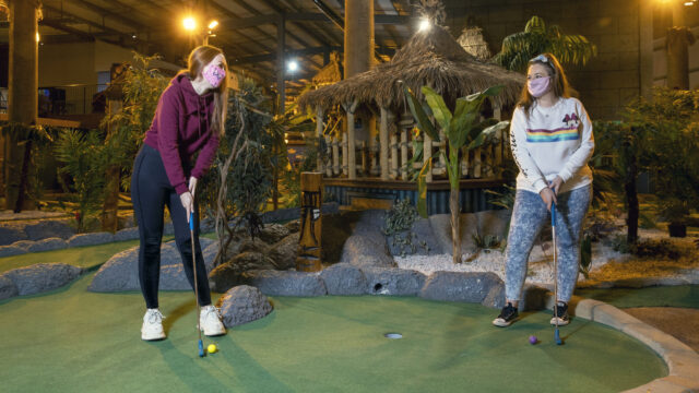 Jessica Cushley, 30, with friend 31-year-old Victoria Smith, both from Erskine Renfrewshire enjoy a game of adventure golf in Soar at intu Braehead.