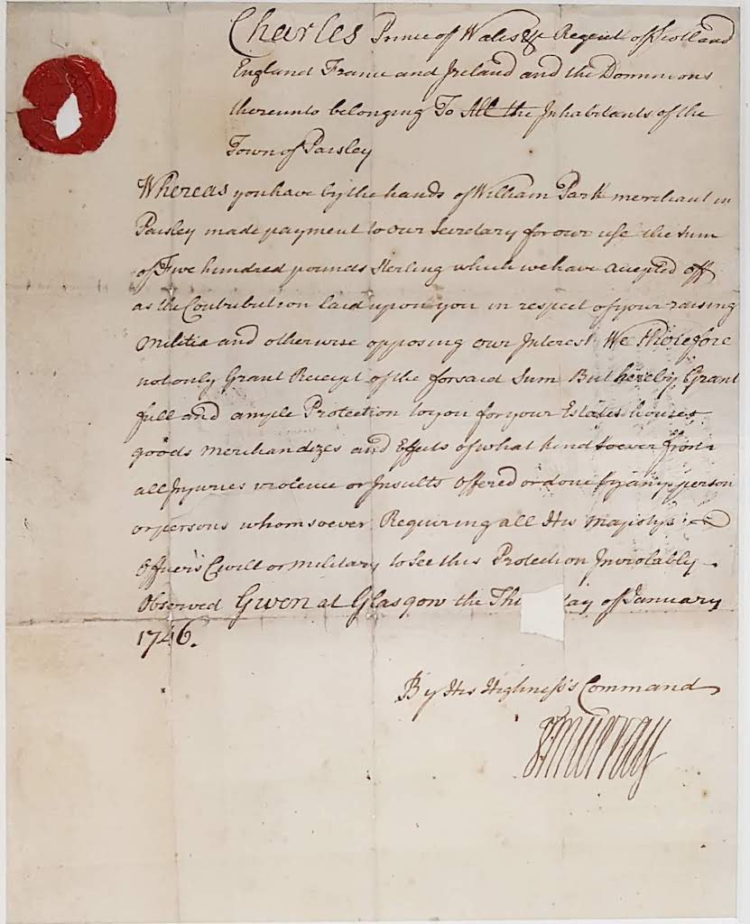 Jacobite Receipt to Paisley Town Magistrates (1745 Rebellion)