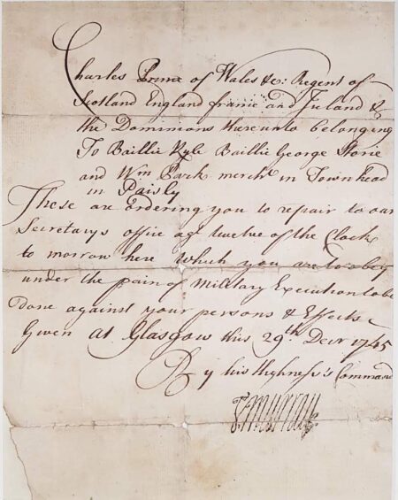 Jacobite Summons to Paisley Town Magistrates (1745 Rebellion)