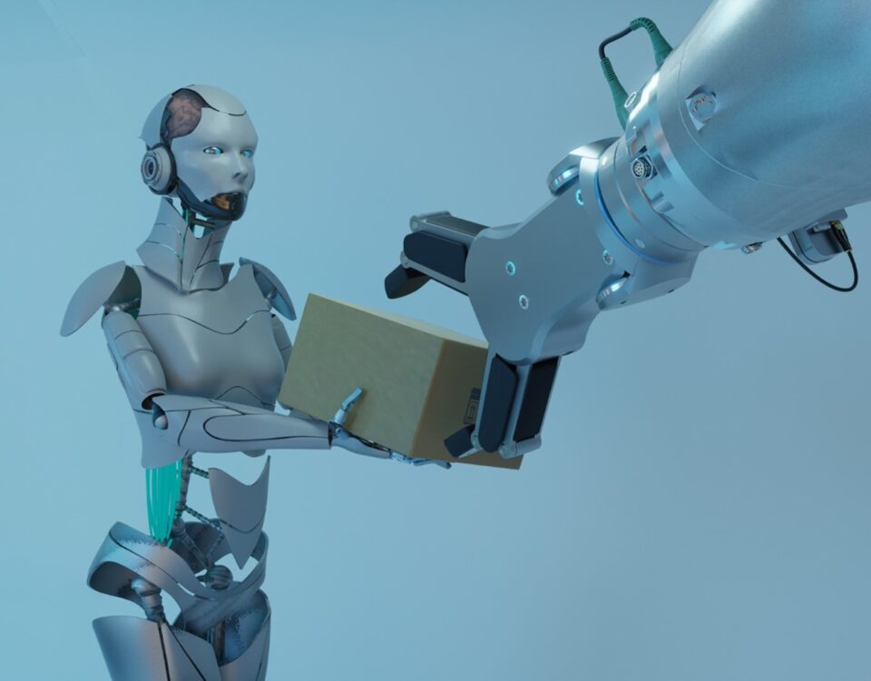 A humanoid robot receives a package from a large robotic arm. The scene is set in a blue-toned environment, emphasizing advanced technology and robotics. The robots have metallic surfaces and are engaged in a handover task.