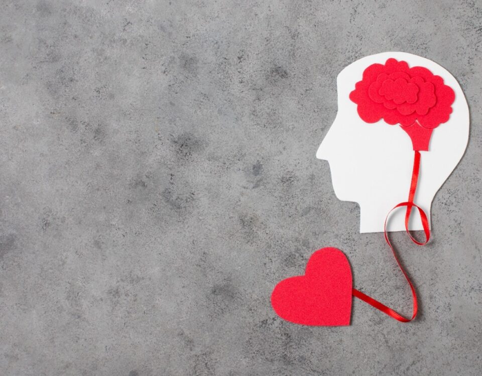A paper cutout of a human head with a red brain, connected by a ribbon to a red heart, symbolizing the connection between the mind and emotions. The background is a textured gray surface.