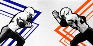 Illustration of two American football players, one wearing blue and the other wearing orange, facing each other in a dynamic pose. The background features angular lines in matching colors, adding a sense of movement to the scene.
