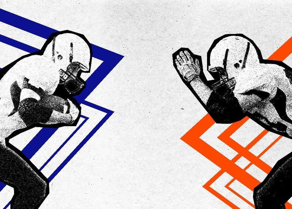 Illustration of two American football players, one wearing blue and the other wearing orange, facing each other in a dynamic pose. The background features angular lines in matching colors, adding a sense of movement to the scene.