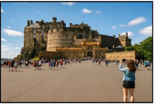 Tourists walk toward Edinburgh Castle on a sunny day, with a woman in the foreground taking a photo. The historic stone fortress stands atop a hill against a blue sky with scattered clouds.