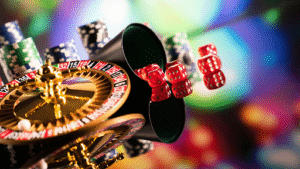 A roulette wheel, poker chips, and red dice are shown in dynamic motion against a colorful, blurred background, evoking the excitement of a casino environment.