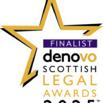 A gold and black star outline with the text "Finalist Denovo Scottish Legal Awards 2025" in bold black, gold, and purple letters.