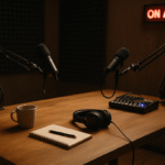 A podcast studio with two microphones on arms, a notebook, a pen, headphones, a coffee mug, a sound mixer, and an illuminated "ON AIR" sign on the wall. The setting is warmly lit and inviting.