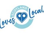 Logo with a blue heart-shaped map pin in the center. The words "Scotland Loves Local" circle around the heart, with "Scotland" in a blue ring and "Loves Local" in script font.