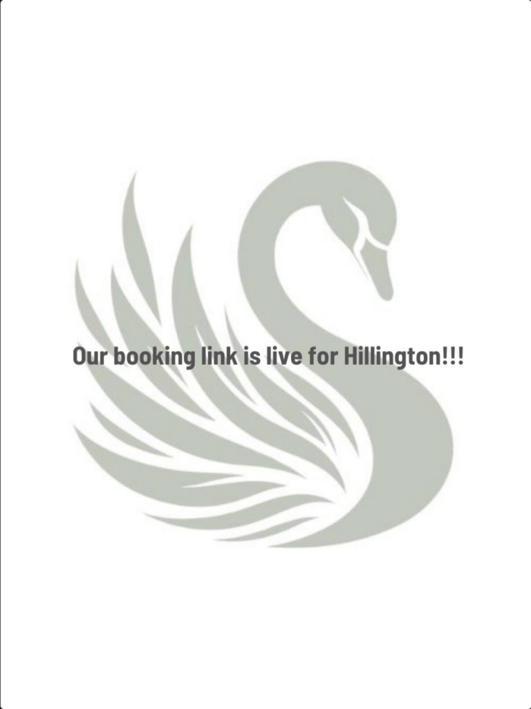 A stylized grey swan logo with the text "Our booking link is live for Hillington!!!" written across the image in bold font.