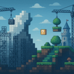 Pixel art scene of a video game landscape under construction, with cranes, scaffolding, floating blocks, grass platforms, a castle, trees, a mushroom, and a question mark box in the center under a blue sky.