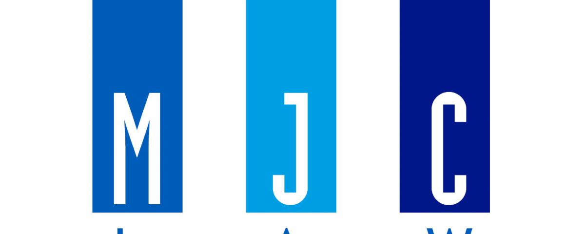 Three vertical blue rectangles, each containing a large white letter ("M," "J," "C") and a smaller blue letter underneath ("L," "A," "W"), spelling out "MJC LAW" in a minimalist design.