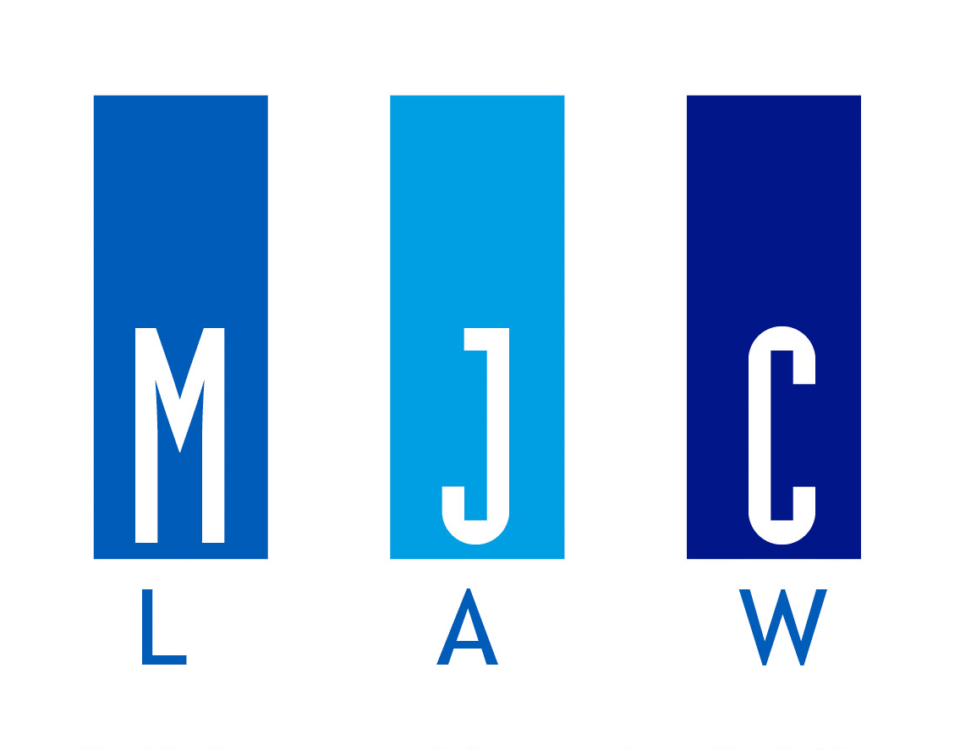 Three vertical blue rectangles, each containing a large white letter ("M," "J," "C") and a smaller blue letter underneath ("L," "A," "W"), spelling out "MJC LAW" in a minimalist design.