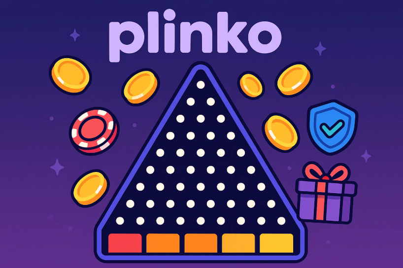 A colorful illustration of a Plinko board with white pegs, surrounded by coins, a poker chip, a gift box, and a shield icon, on a purple background with the word "plinko" at the top.