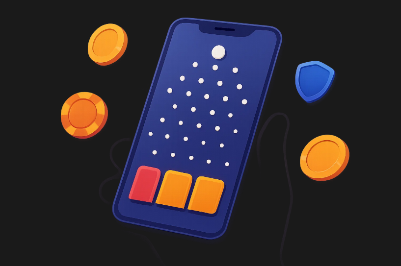 A stylized illustration of a smartphone displaying a grid with dots, surrounded by orange and blue game tokens, and three colored buttons at the bottom of the screen. The background is black.