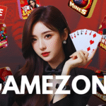 A woman holding playing cards poses in front of a red background filled with casino game icons and the "GAME ZONE" logo; large white text reads "GAMEZONE" at the bottom.