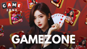 A woman holding playing cards poses in front of a red background filled with casino game icons and the "GAME ZONE" logo; large white text reads "GAMEZONE" at the bottom.