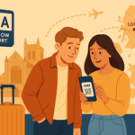 Illustration of two people at Glasgow Airport with luggage, looking at a phone displaying a boarding pass. A map in the background shows flight routes from Glasgow to London, Paris, and Lisbon.