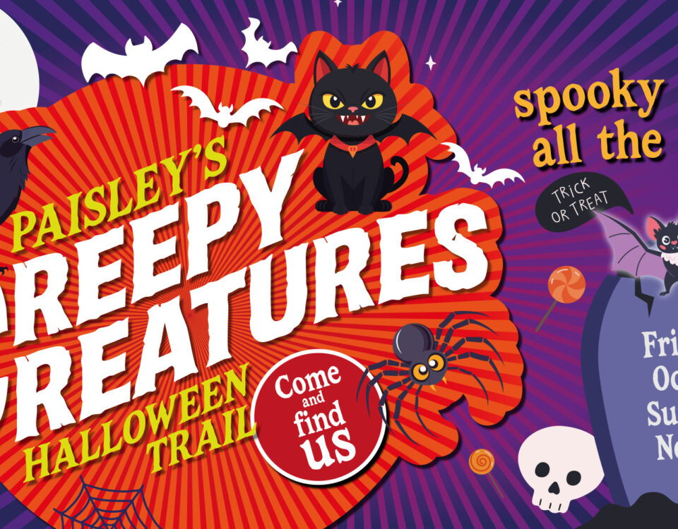 Bright, spooky Halloween poster with bats, a black cat, spider, crow, skull, and webs. Large text reads "Paisley's Creepy Creatures Halloween Trail." Event runs October 10th to November 2nd. "Spooky fun for all the family.