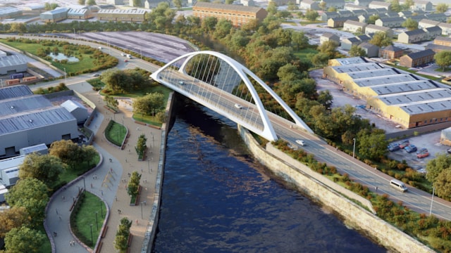 A modern white arch bridge spans over a river, connecting two urban areas with roads, trees, and paths for pedestrians and cyclists along the riverbank.