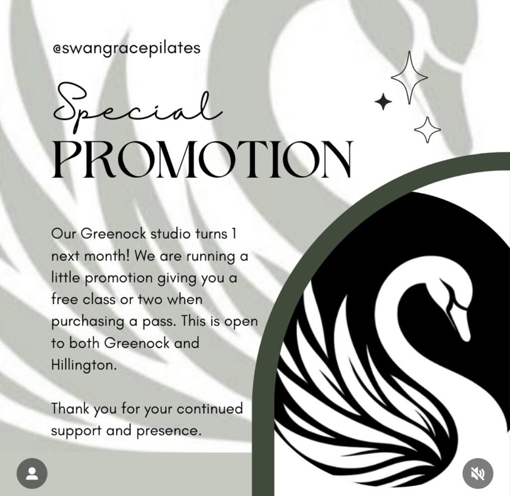 A promotional graphic for Swangrace Pilates features a stylized black and white swan logo. Text announces a studio anniversary promotion offering a class or two free with pass purchase at Greenock and Hillington locations.
