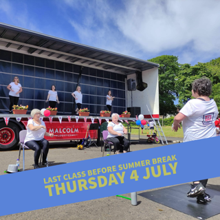 A fitness class is held outdoors, with some participants seated and others on a truck stage. A banner reads, "Last class before summer break, Thursday 4 July." Balloons and flowers decorate the stage.