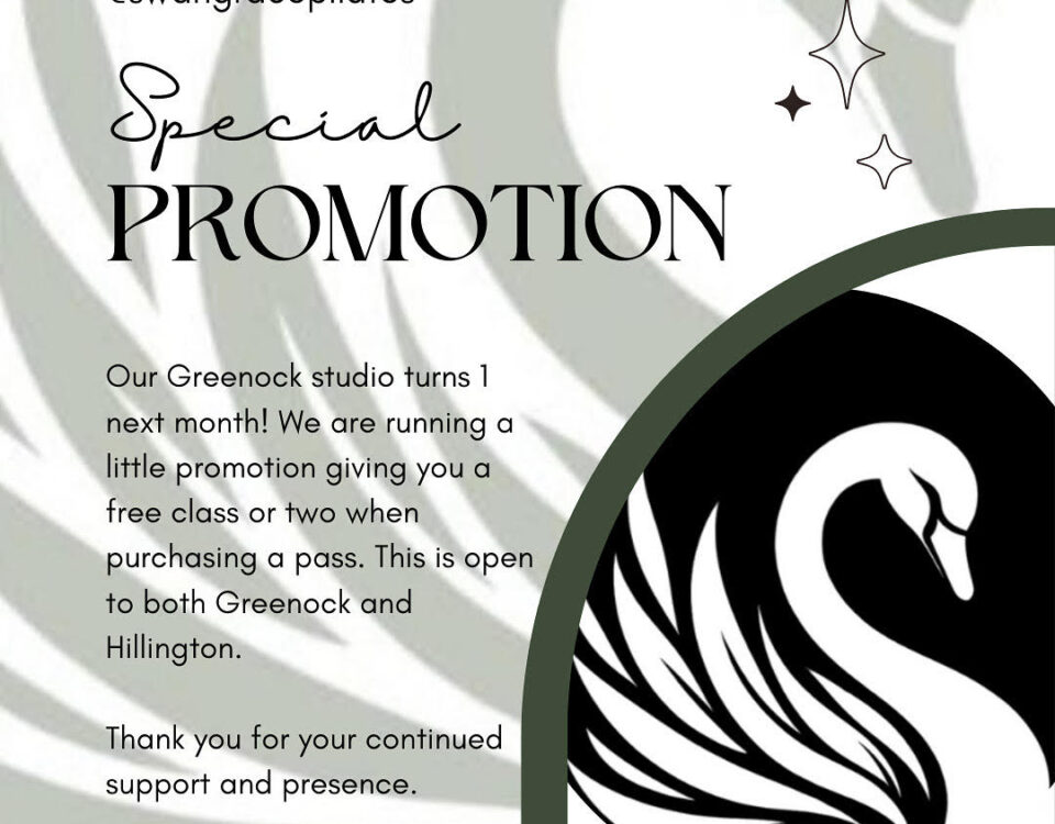 A promotional graphic for @swangracepilates with a stylized swan logo. Text announces a special promotion: free class with pass purchase for their Greenock studio’s 1st anniversary, open to Greenock and Hillington locations.