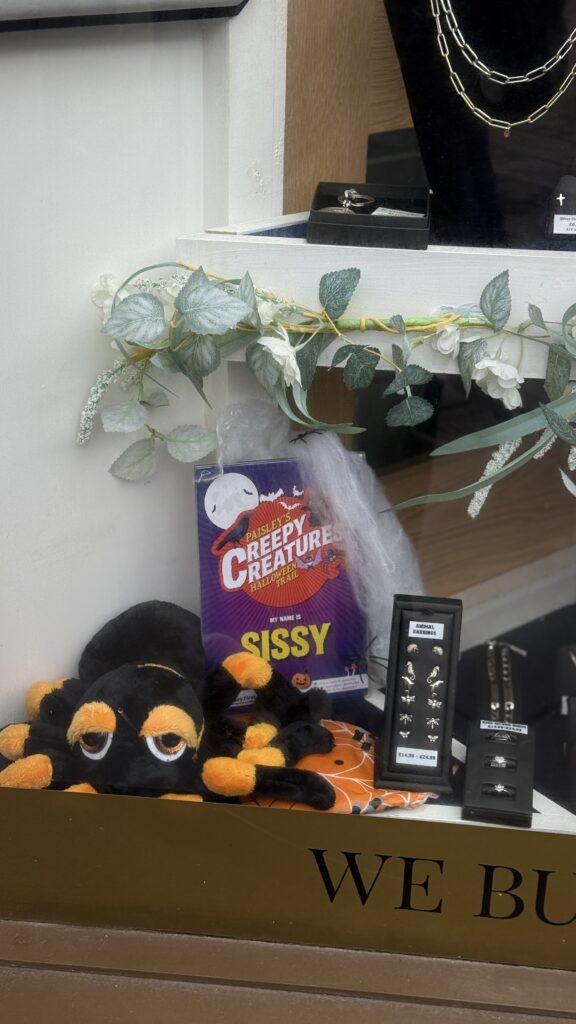 A shop window display featuring a plush black and orange spider, a purple "Creepy Creature Sissy" toy package with webbing, faux greenery, jewelry displays, and part of a sign reading "WE BU.