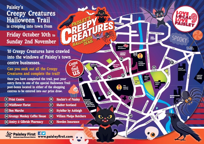 Colorful illustrated map for "Paisley's Creepy Creatures Halloween Trail," showing routes, cartoon creatures, pumpkins, and marked locations of 10 participating businesses in Paisley town centre, held October 10th–November 2nd.