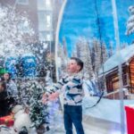 A young boy stands joyfully with arms outstretched as artificial snow falls around him inside a transparent dome decorated like a winter wonderland, with snowy trees and a log cabin backdrop.