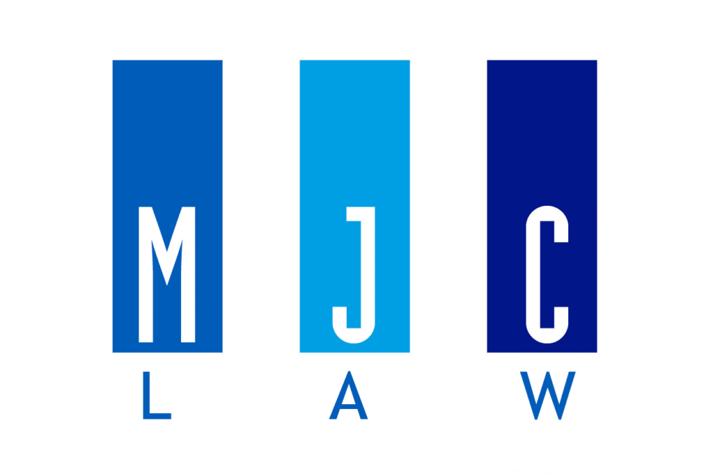 Three vertical blue rectangles, each with a large white letter: "M" in the first, "J" in the second, "C" in the third. Below the rectangles, smaller blue letters spell out "L", "A", and "W".