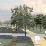 Illustration of a park with walking paths, green lawns, trees, and people relaxing, walking, and talking. Birds fly overhead and the sky shows a soft, warm light, suggesting early morning or late afternoon.