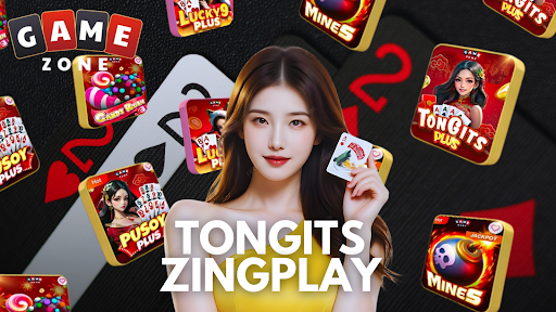 A woman in a yellow dress holds a playing card, surrounded by game icons. The words "GAME ZONE" and "TONGITS ZINGPLAY" are displayed, with playing cards as the background.