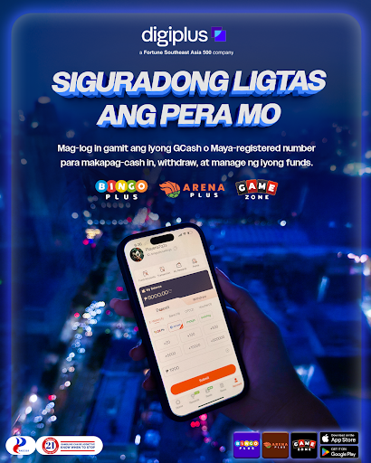 A person holds a smartphone displaying a financial app screen, with a cityscape and highways in the blurred background. Text in Filipino promotes secure money management using GCash or Maya accounts. Logos and app store icons are visible.