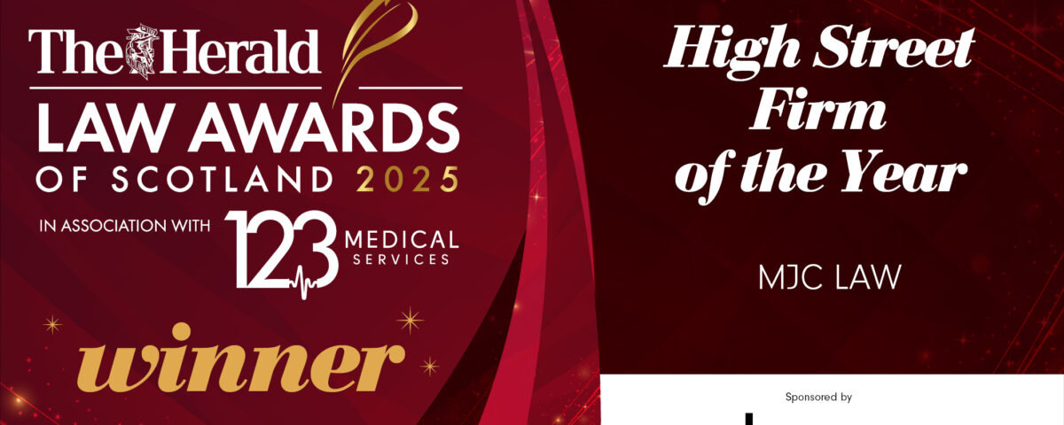 A promotional graphic for The Herald Law Awards of Scotland 2025 names MJC Law as "High Street Firm of the Year" winner, sponsored by Denovo and in association with 123 Medical Services.