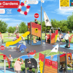 Children and adults of diverse abilities play on a pirate-themed inclusive playground with slides, swings, ramps, and sensory panels at Ferguslie Gardens. Accessibility icons and playful illustrations decorate the scene.