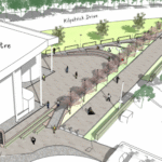 Aerial illustration of a sports centre next to a wide pedestrian walkway lined with trees and benches. The walkway leads to Kilpatrick Drive and is bordered by grassy areas with people walking and sitting.