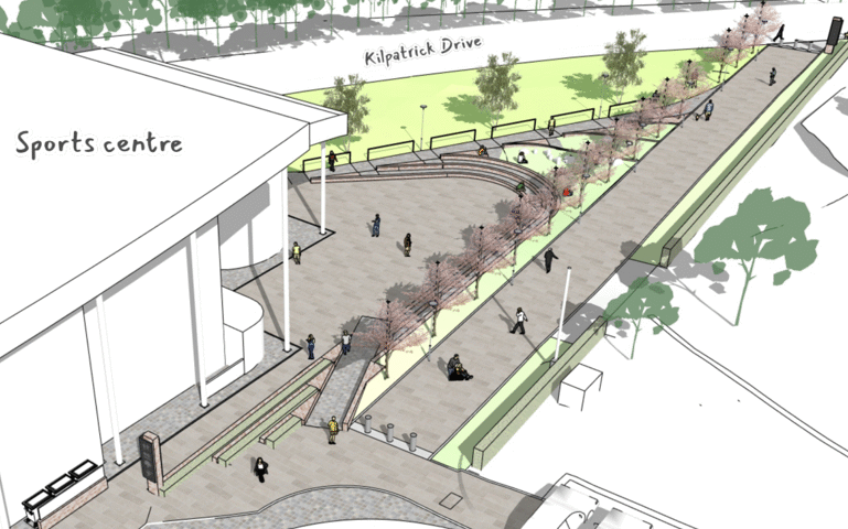 Aerial illustration of a sports centre next to a wide pedestrian walkway lined with trees and benches. The walkway leads to Kilpatrick Drive and is bordered by grassy areas with people walking and sitting.