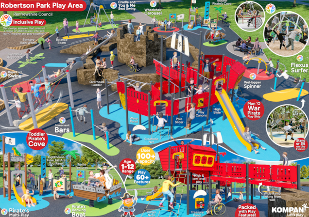 A vibrant, illustrated map of Robertson Park Play Area shows various colorful playground equipment including swings, slides, climbing frames, and a large pirate ship structure. Children and adults are depicted enjoying different activities.