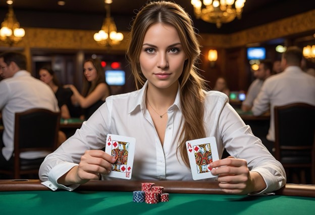 A woman at a poker table in a casino holds the ace of hearts and ace of spades, with poker chips in front of her. She wears a white shirt and looks confidently at the camera. Other players and chandeliers are in the background.