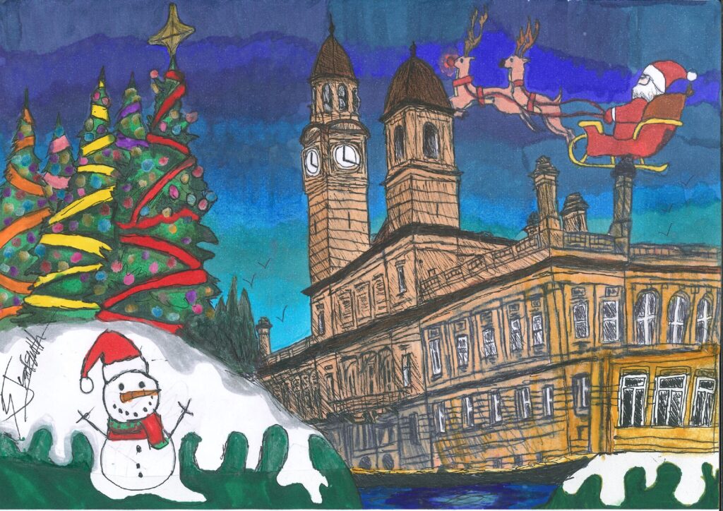 A colorful drawing shows Santa in a sleigh with reindeer flying above a large clock tower building at night. A decorated Christmas tree and a snowman in a Santa hat are in the snowy foreground.